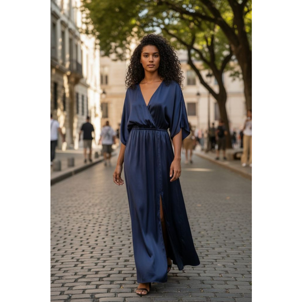Aakaa Navy Satin Wrap Maxi Dress Kimono Sleeve Side Slit Evening Dress Size L